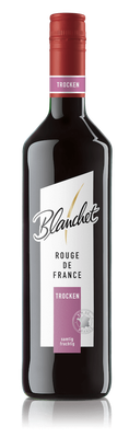 Eine elegante Flasche Rotwein mit einem roten Korken und einem modernen Etikett, das den Namen 'Blanchet' trägt.