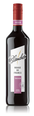Eine elegante Flasche Rotwein mit einem roten Korken und einem modernen Etikett, das den Namen 'Blanchet' trägt.