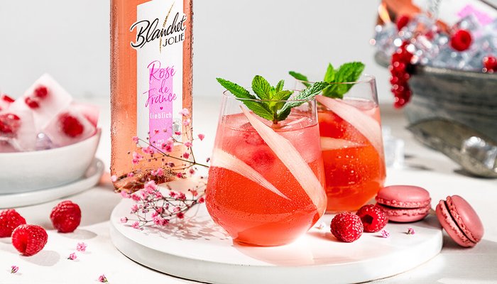 Zwei Gläser mit einem erfrischenden rosafarbenen Getränk, garniert mit Minze und dekorativen Fruchtstücken.