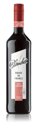 Eine elegante Flasche Rotwein mit einem roten Korken und einem modernen Etikett, das 'Blanchet Rouge de France' zeigt.