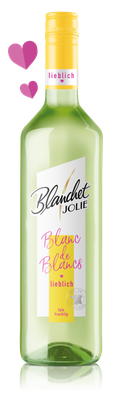 Eine stilvolle Weinflasche mit dem Aufdruck 'Blanc de Blancs' und einem gelben Korken, verziert mit pinken Herzen.