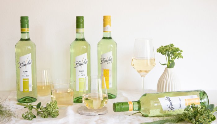 Auf dem Tisch sind mehrere Flaschen und Gläser mit Weißwein von Blanchet platziert, ergänzt durch dekorative grüne Pflanzen und eine Vase.