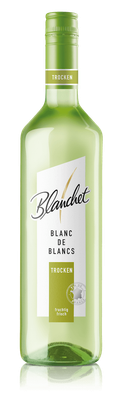 Eine grüne Weinflasche mit dem Etikett 'Blanchet Blanc de Blancs Trocken', die frisch und fruchtig wirkt.