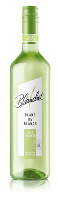 Eine Flasche Blanc de Blancs Wein steht aufrecht, mit einem frischen, hellgrünen Etikett, das 'halb trocken' anzeigt.