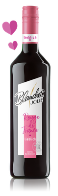 Die Flasche zeigt ein modernes Design mit dem Schriftzug 'Blanchet Jolie - Rouge de France' und einem verspielten Herzsymbol in Pink.