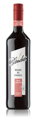Eine elegante Flasche Rotwein mit einem roten Korken und einem modernen Etikett, das 'Blanchet Rouge de France' zeigt.