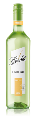 Eine grüne Flasche Chardonnay mit dem Etikett 'Blanchet' und der Aufschrift 'trocken' steht vor einem neutralen Hintergrund.