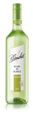 Eine grüne Weinflasche mit dem Etikett 'Blanchet Blanc de Blancs Trocken', die frisch und fruchtig wirkt.