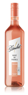 Eine Flasche trockener Roséwein von Blanchet, die in einem eleganten Design mit einem zarten rosafarbenen Inhalt präsentiert wird.