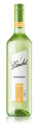 Eine grüne Flasche Chardonnay mit dem Etikett 'Blanchet' und der Aufschrift 'trocken' steht vor einem neutralen Hintergrund.
