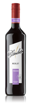 Eine elegante Flasche Rotwein mit einem roten Korken und einem modernen Etikett, das den Namen 'Blanchet Merlot' trägt.