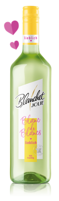 Eine stilvolle Weinflasche mit dem Aufdruck 'Blanc de Blancs' und einem gelben Korken, verziert mit pinken Herzen.