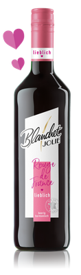 Die Flasche zeigt ein modernes Design mit dem Schriftzug 'Blanchet Jolie - Rouge de France' und einem verspielten Herzsymbol in Pink.