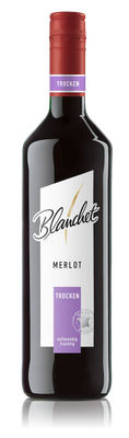Eine elegante Flasche Rotwein mit einem roten Korken und einem modernen Etikett, das den Namen 'Blanchet Merlot' trägt.