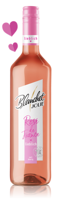 Eine Flasche Roséwein mit einem zarten, rosafarbenen Etikett und dem Schriftzug 'Rosé de France' steht auf einem reflektierenden Untergrund.