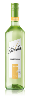 Eine grüne Flasche Chardonnay mit dem Etikett 'Blanchet' und der Aufschrift 'trocken' steht vor einem neutralen Hintergrund.