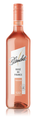 Eine Flasche trockener Roséwein von Blanchet, die in einem eleganten Design mit einem zarten rosafarbenen Inhalt präsentiert wird.
